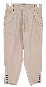 Wrap London Cropped Linen Trouser Beige Paints Drawstring Stretch US 10 UK 14 - Picture 1 of 12