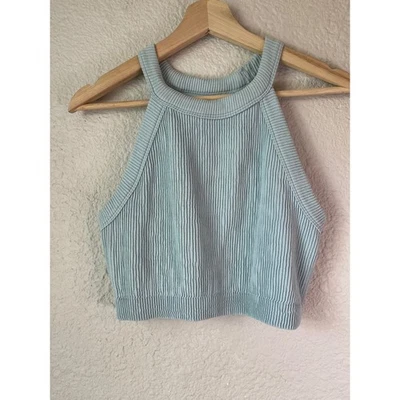 Camiseta deportiva sin mangas Aerie acanalada sin costuras halter azul claro grande Foto 1 de 4