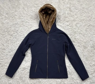 Jaqueta feminina Marmot azul marinho com zíper completo e capuz de pele sintética tamanho pequeno - Imagem 1 de 4
