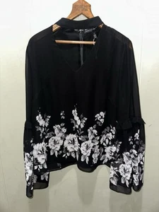White House Black Market Women's Black Floral Choker Bell Sleeve Blouse Sz 8 New - Picture 1 of 7