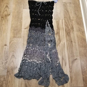 NWT Womens M/L Crochet Cover Up Long Skirt Black Gray High Slit Open Pattern - Picture 1 of 19