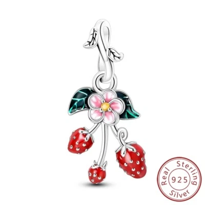 MULA Frauen 925 Sterling Silber DIY Charm CZ Rote Emaille Erdbeeren Für Armband - Bild 1 von 4