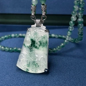 New High Icy Green Flower Jade jadeite inlay Landscape Pendent & Necklace - Picture 1 of 11