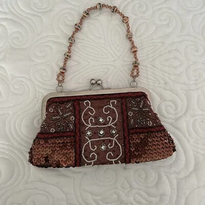 LTD Handbag Women Small Rust Satin Sequin Beaded Kiss Lock Purse Shoulder Bag - Picture 1 of 5