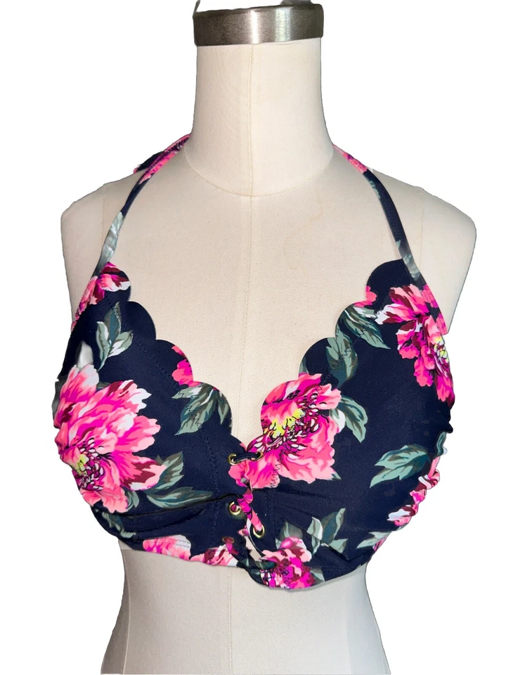 XHILARATION BIKINI SWIM TOP M D-DD Pink Blue Floral Criss Cross Halter - Image 1 of 4