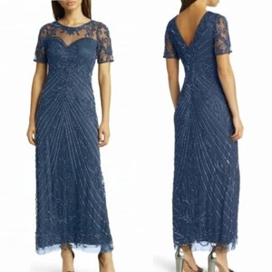 NWT Pisarro Nights Illusion Beaded Mesh Column Gown Teal Blue 2 Retail $248 - Picture 1 of 13
