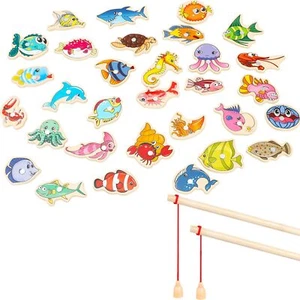 34 Pcs Magnetic Fishing Game Wooden Toy Set Kids Preschool Girl Boy Educational - Picture 1 of 7