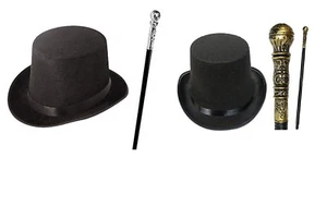 Posh Rich Victorian Gentleman Unisex Black Top Hat & Cane Party Set Adults Kids - Picture 1 of 1