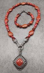 Carolyn Pollack Sterling Carnelian Red Jasper Coral Necklace Pendant 8" Bracelet - Picture 1 of 16
