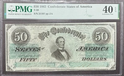 T50 PF-12 1862 $50 Confederate States of America CSA S/N 21197 PMG 40 EPQ - Image 1 of 2