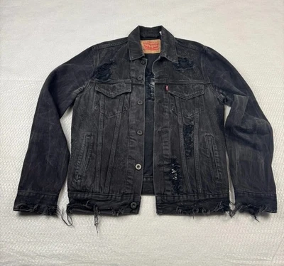 Levi's Denim Trucker Button Jacket Dark Wash Distressed Rugged Black Mens Medium - Image 1 of 4