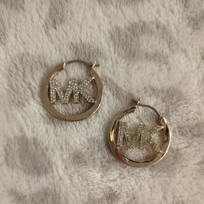 MICHAEL KORS ROSE GOLD-TONE PLATED BRASS PAVE' LOGO HOOP EARRINGS MSRP $129.00 - Image 1 of 4