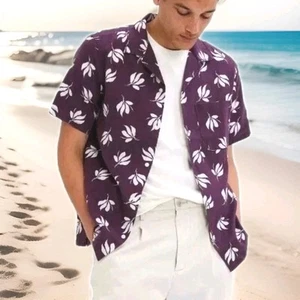 Gap Linen Hawaiian Shirt Men 2X XXL Vacation Tropical Floral Button Purple New - Picture 1 of 8
