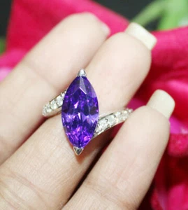 0.44CT Diamante Redondo Natural 14K Oro Blanco Macizo Amatista Aniversario Ring - Imagen 1 de 6