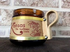 Kansas sunflower state Eisenhower Chapel vintage tea mug cup Glass Wood handled - Picture 1 of 8