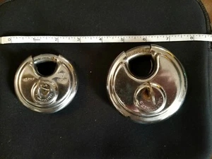 Two Steel Stainless Disc Padlock Round 2 & 3 Inches With Keys - Picture 1 of 4