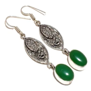 Russian Green Onyx Oval Gemstone Handmade Engraved Oxidised Double Drop Earrings - Picture 1 of 3