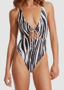 $198 Seafolly Women's Black Ruched Cutout One-Piece Swimsuit Size US 6 - Picture 1 of 3