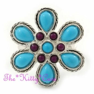 Anel de flores margarida floral prata étnica retrô boho chique turquesa e violeta gasto - Imagem 1 de 4