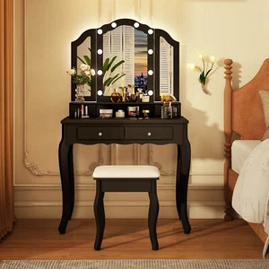 Makeup Vanity Set with Tri-Fold Mirror & LED Lights 4 Drawers Open Shelf - Picture 1 of 10
