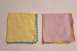 Vintage Solid Embroidered on Edges Handkerchiefs  Lot of 2 Pink and Yellow - Picture 1 of 7