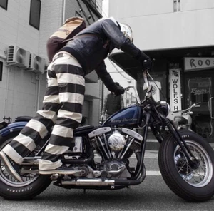 BOB DONG Retro Gefangener gestreift Motorradhose Herren Freizeit Biker Hose dick - Bild 1 von 12