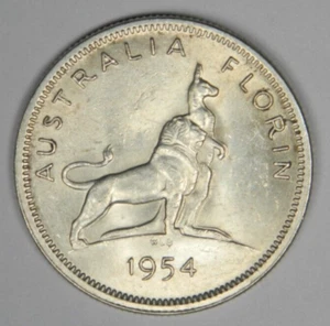 1954 AUSTRALIA FLORIN TWO SHILLINGS 2S SILVER MS UNC BU WHITE LUSTER Inv#1021 - Picture 1 of 2