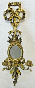 Vintage Italian Giltwood Bow Top Botanical Decor Mirror Two Candle Wall Sconce - Picture 1 of 10