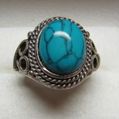 Costume Jewelry Vintage Cabochon Filigreed Blue Turquoise Silver Plated Ring - Image 1 of 4