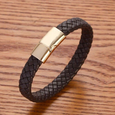 Pulseiras masculinas femininas de couro genuíno trançado marrom pulseira de fecho da moda 6-9" - Imagem 1 de 4