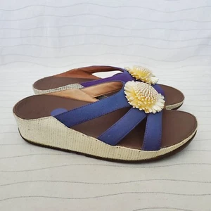 Fitflop Womens Wedge Sandals Purple Blue Slides Straw Flower Slip On Sz 10 EUC  - Picture 1 of 10