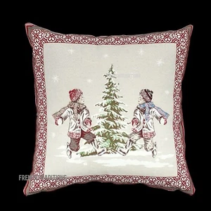 French Provencal Jacquard Woven Pillow Cover Skating Noel 18X18 Made France - Picture 1 of 6
