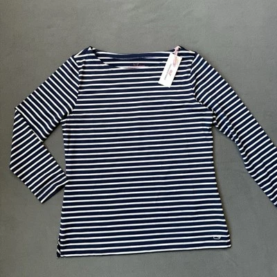 Camiseta Vineyard Vines Sankaty para mujer pequeña azul blanco a rayas cuello de barco UPF costera Foto 1 de 4