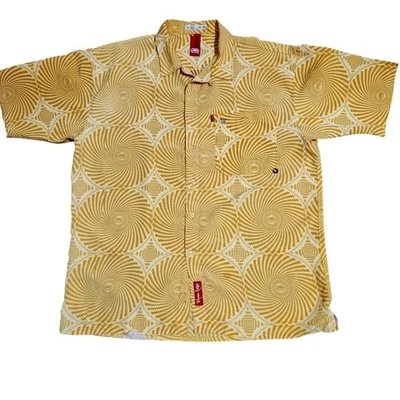 Vintage Años 90 Ecko Oro Amarillo Gráfico Geométrico Lazo Cuello Botón Shir... Foto 1 de 4