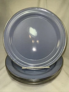 8 POTTERY BARN Partyware Enamelware Enamel DINNER PLATES 10" Blue Silver Trim - Picture 1 of 5