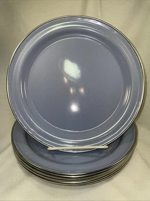 8 POTTERY BARN Partyware Enamelware Enamel DINNER PLATES 10" Blue Silver Trim - Image 1 of 4