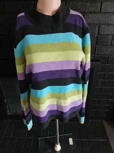 Y2K Talbots Knit Sweater  Stripe Black Purple Blie Green Sz Large L - Picture 1 of 15