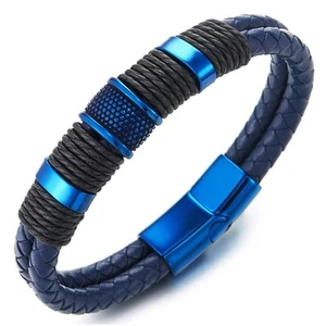 Men's Leather Bracelet, Blue Braided Two-Row Band, Black Rope and Blue Steel ... - Picture 1 of 7
