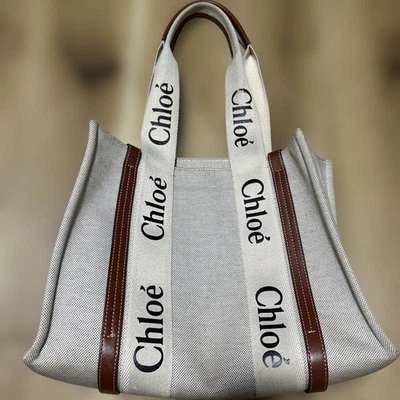 Bolso de Mano Chloe Woody Mediano Lino Beige Usado de Japón Foto 1 de 4