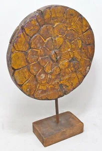 Hand Carved Wooden Round Floral Carving Panel Plaque Rustic Yellow Painted - Picture 1 of 8