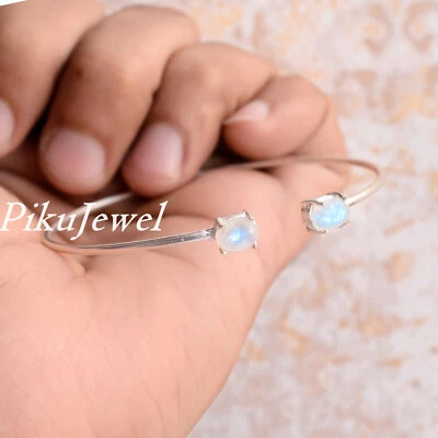 Браслет мужской ручной работы из стерлингового серебра 925 пробы с радужным лунным камнем - Изображение 1 из 4