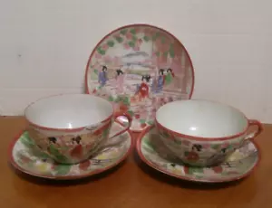 Kutani Style Eggshell Tea Cups & Saucers Japan Hand Painted Geisha Ware Vintage - Picture 1 of 10