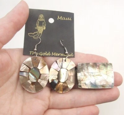 Pendientes de mosaico ovalado iridiscente concha de abulón de 2" y anillo elástico rectangular talla 8 Foto 1 de 3