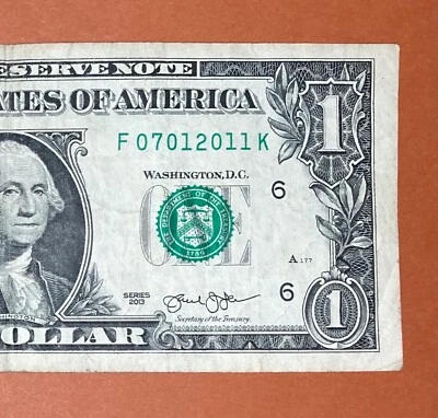 July 1, 2011 ; 7 January 2011 (F 07012011 K) Birthday Note $1 One Dollar Bill - Image 1 of 3