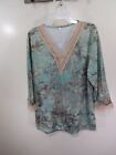 New Women Unbranded Top Size S Blue Tan V Neck 3/4 Sleeve Lace Trim
