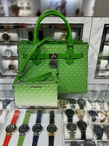 Michael Kors Hamilton MD Satchel Crossbody Bag & Double Zip Wallet Jungle Green - Picture 1 of 24