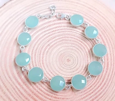 Bracciale in argento sterling 925 con pietra preziosa di calcedonio... - Immagine 1 di 2