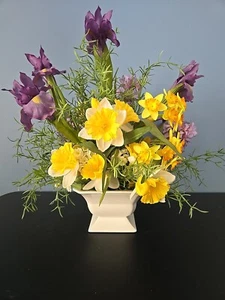 Vintage Metal Flour Sifter With Orange, Yellow and Purple Silk Arrangement - Picture 1 of 13