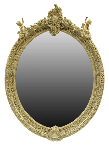 Mirror, Louis  XV Style Giltwood, Oval Wall, Cherub and Crest, Scrolling Foliate Cover
