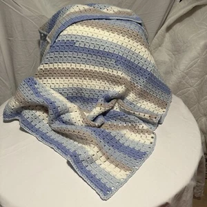 Blanket Handmade Hand Knit Hand Crochet Striped Blue Gray White 38” X 54” - Picture 1 of 4